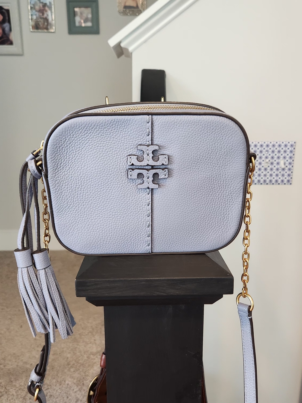 Tory Burch Blue McGraw Leather Camera Crossbody with Tassel